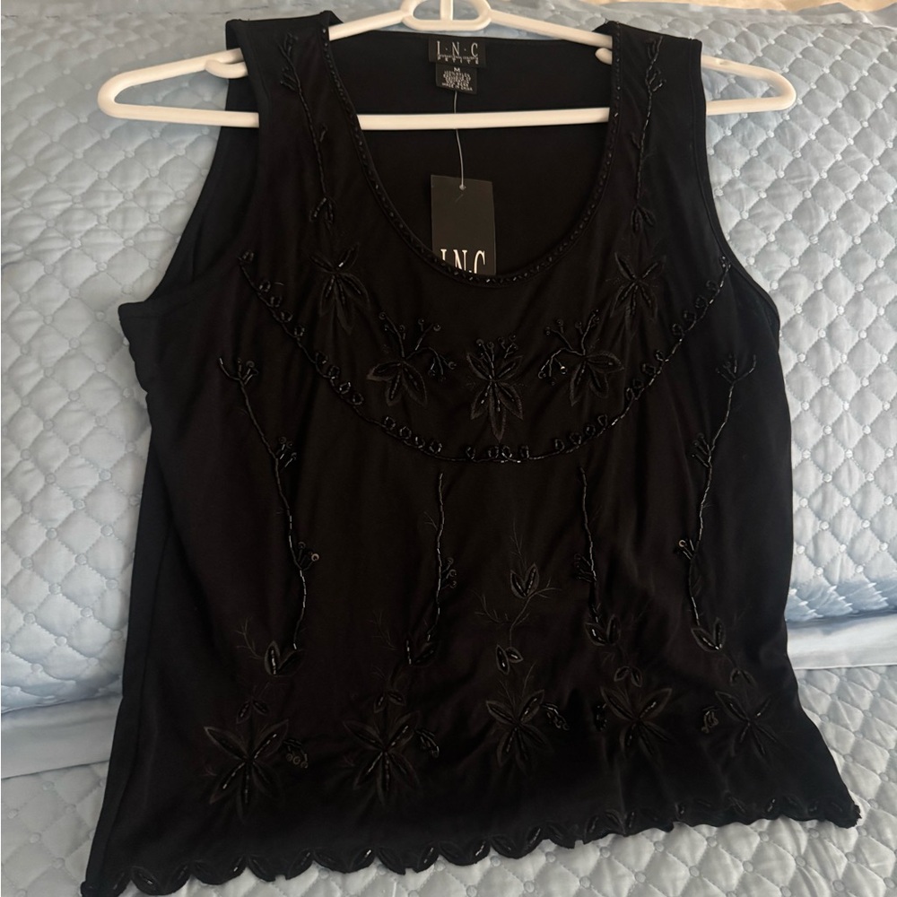 INC International Concepts Black Beaded Floral Sleeveless Tank